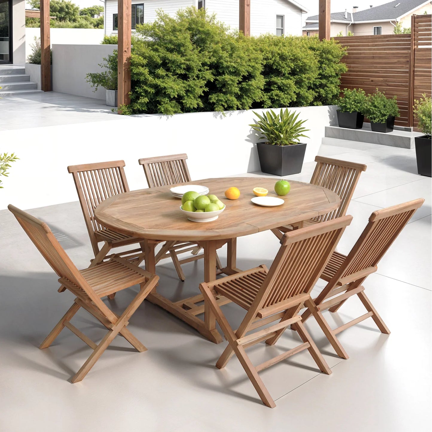 Salon de jardin en teck - table ronde extensible pour 6 personnes