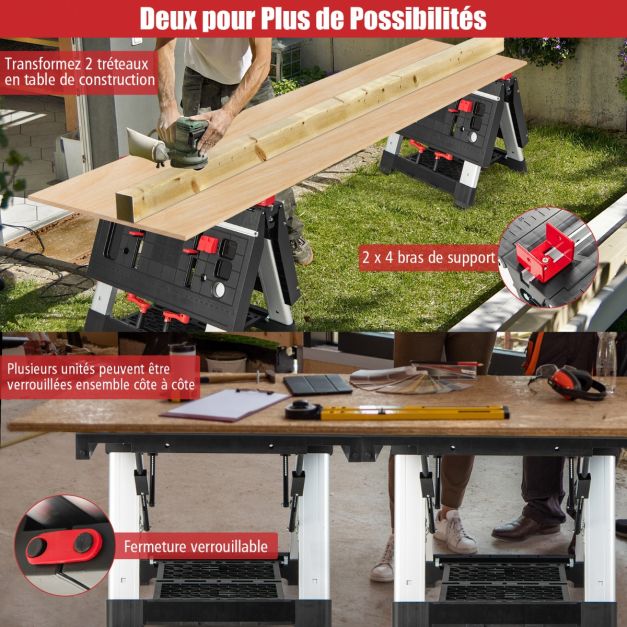 Établi Pliable avec Plate-Forme 2 en 1 - 2 Hauteurs Réglables