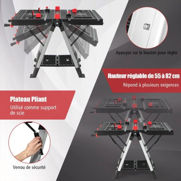 Établi Pliable avec Plate-Forme 2 en 1 - 2 Hauteurs Réglables