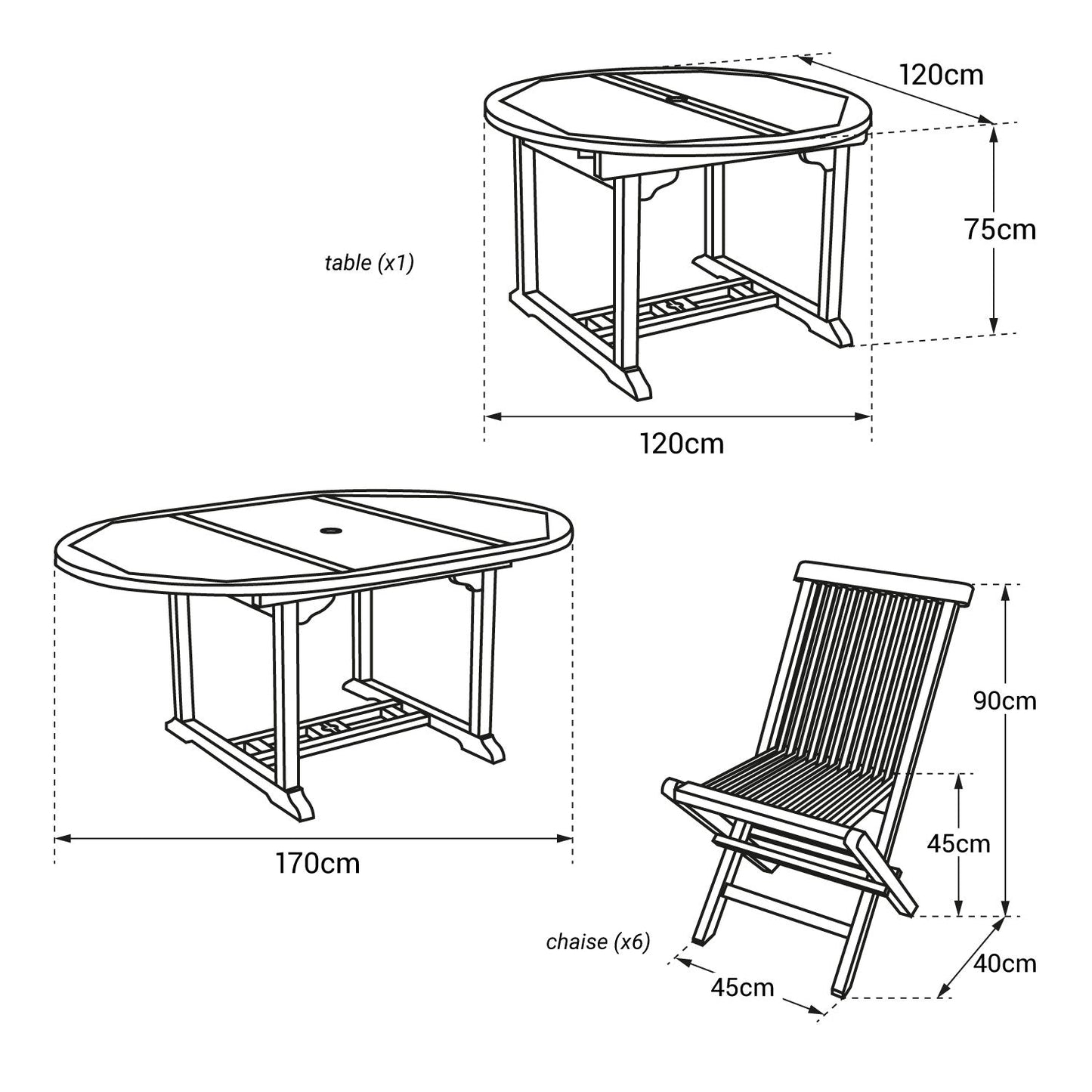 Salon de jardin en teck - table ronde extensible pour 6 personnes