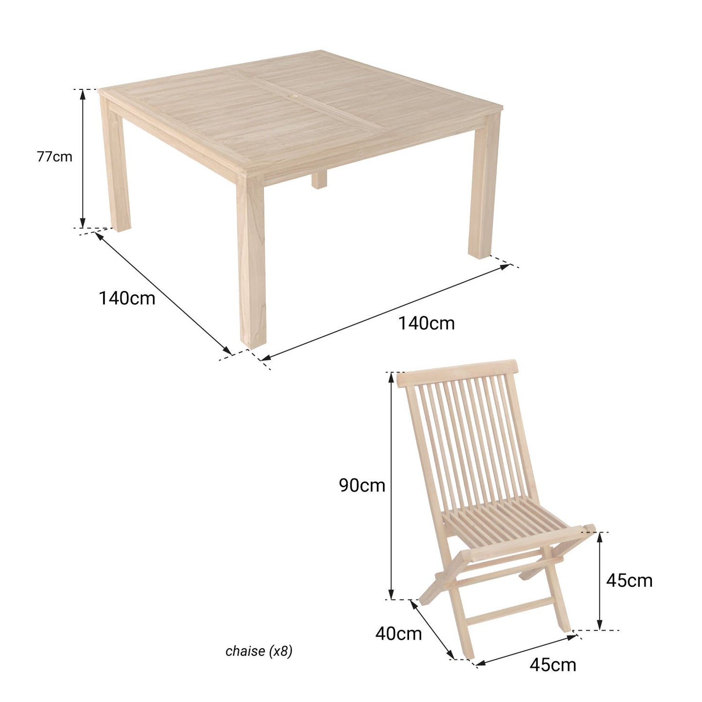 Salon de jardin en teck - table carrée et chaises pliantes - 8 personnes