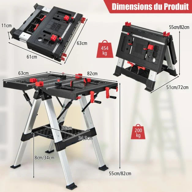 Établi Pliable avec Plate-Forme 2 en 1 - 2 Hauteurs Réglables