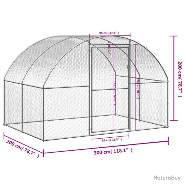 Poulailler enclos pour poules d'extérieur 3 x 2 x 2 m en acier galvanisé - Argent